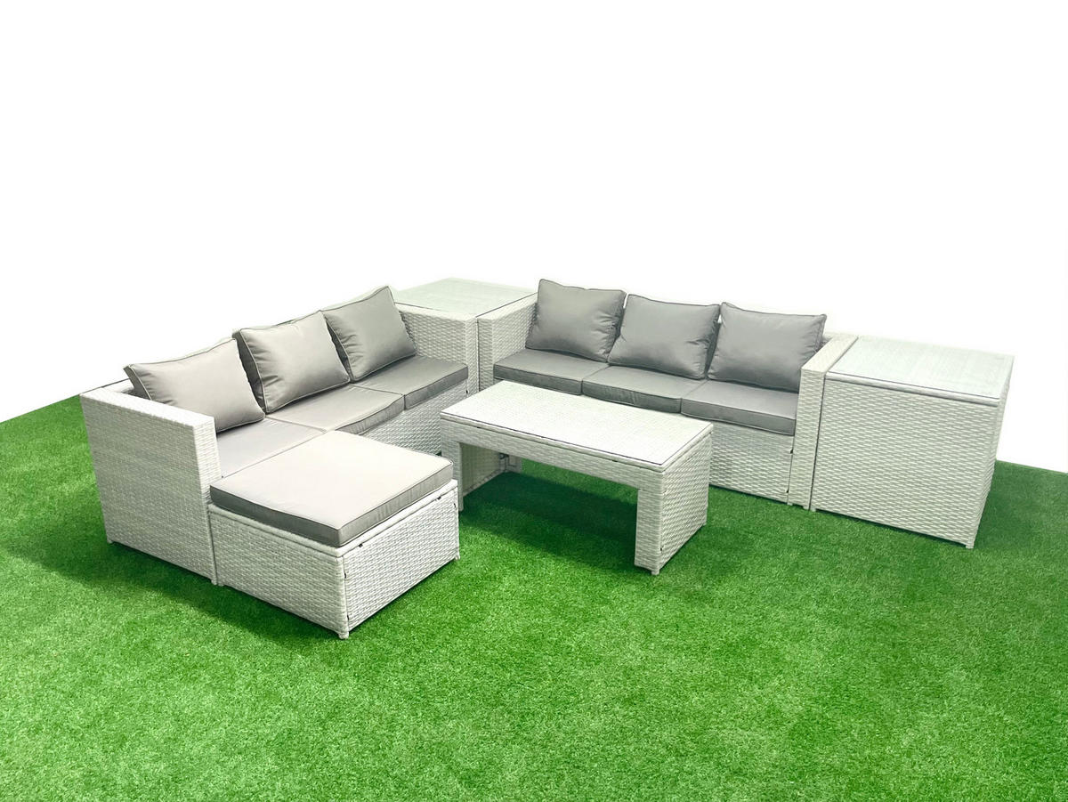 GARTENSOFA hohe Rückenlehne Polyrattan Hellgrau-Mix 7-Sitzer - Hellgrau/Grau, Glas/Kunststoff - Fimous