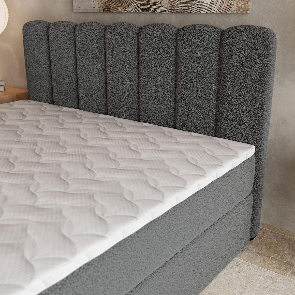 BOXBETT SOLIA 180x200 cm mit Matratze und Topper, H2+H3 - Grau - Grau, Holz (180/200cm) - MASSENO