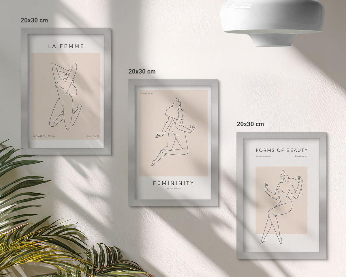 WANDBILDER 3er Set - 20x30 cm Silberner Rahmen - Poster mit minimalistischen Frauensilhouetten - Silberfarben, Kunststoff (20/30cm) - ArtPrintCave