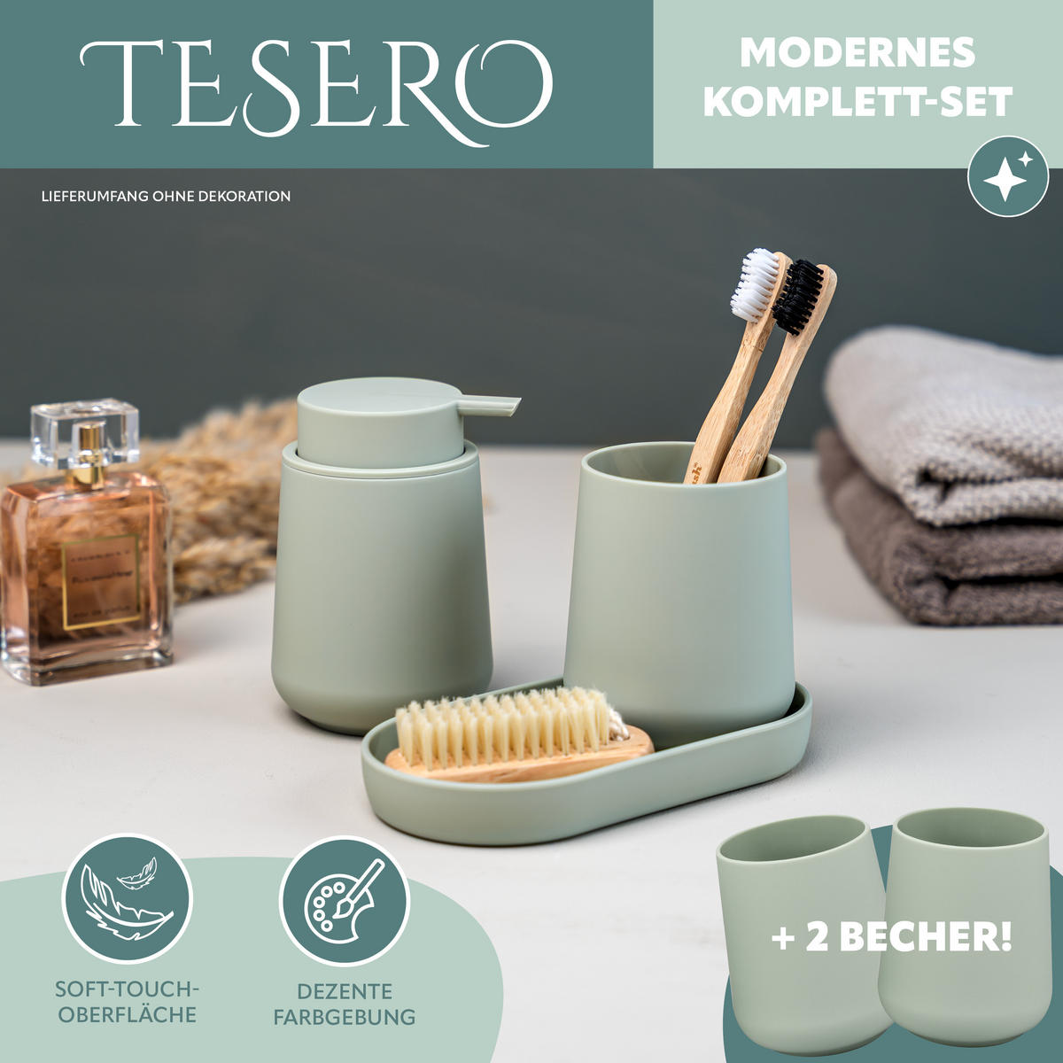 BAD-ACCESSOIRES-SET TESERO 5tlg., Soft-Touch, salbei - Salbeigrün, Kunststoff (8.5/12/9cm) - eluno