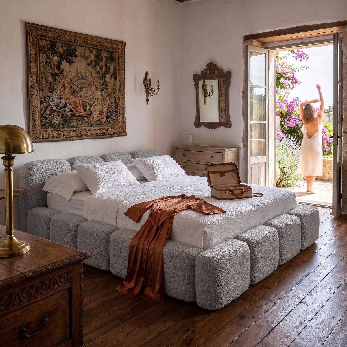 POLSTERBETT SUENO 180x200 cm in Grau, gepolstertes Kopfteil, Metalllattenrost, Bettkasten, Bouclé-Stoff - Naturfarben/Grau, Holz/Textil (180/200cm) - Muffo