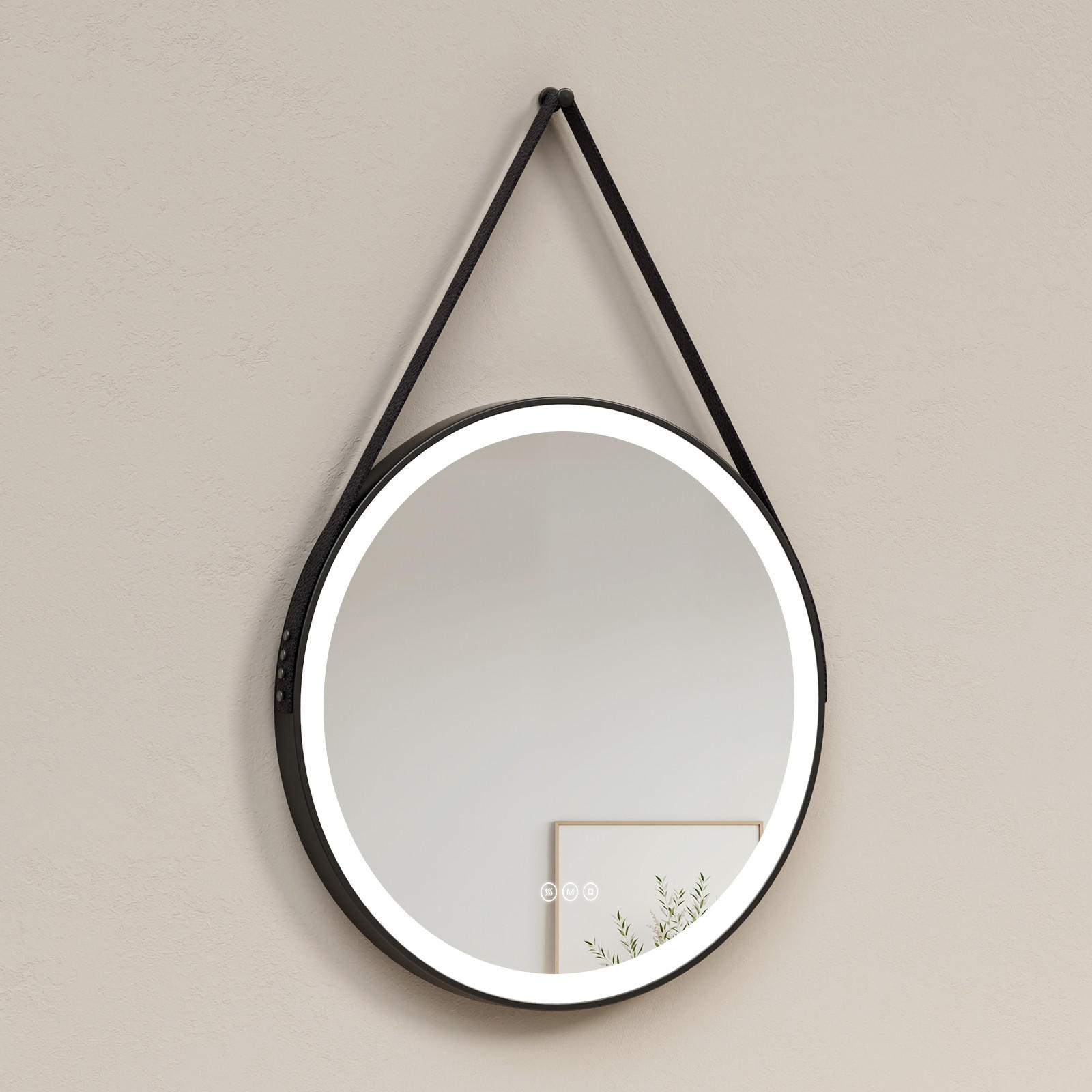 BADSPIEGEL mit Touch-Schalter Beleuchtung mit Hängeriemen Schwarz ф70 cm - Schwarz, Glas (70/3.5/70cm) - EMKE