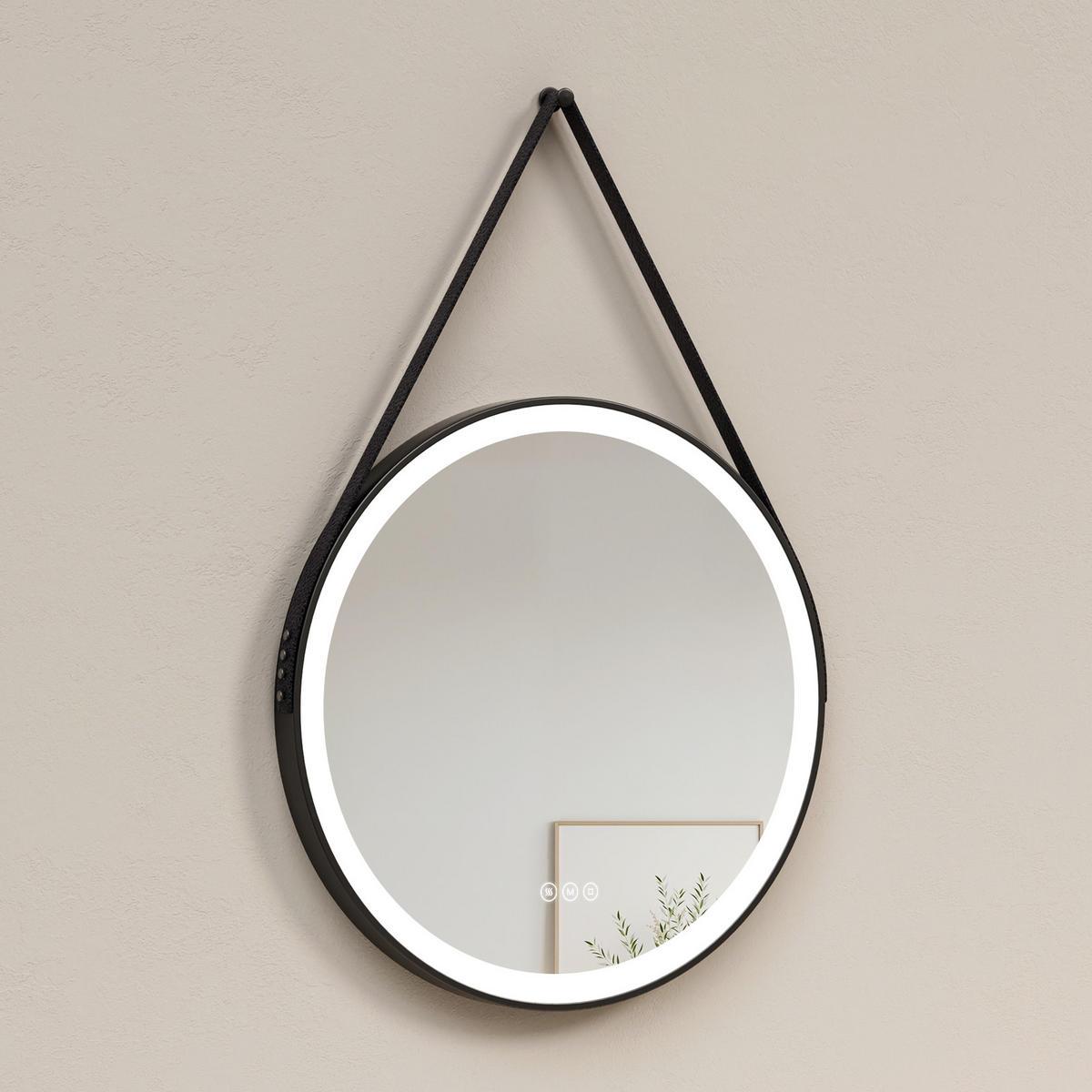 BADSPIEGEL mit Touch-Schalter Beleuchtung mit Hängeriemen Schwarz ф70 cm - Schwarz, Glas (70/3.5/70cm) - EMKE