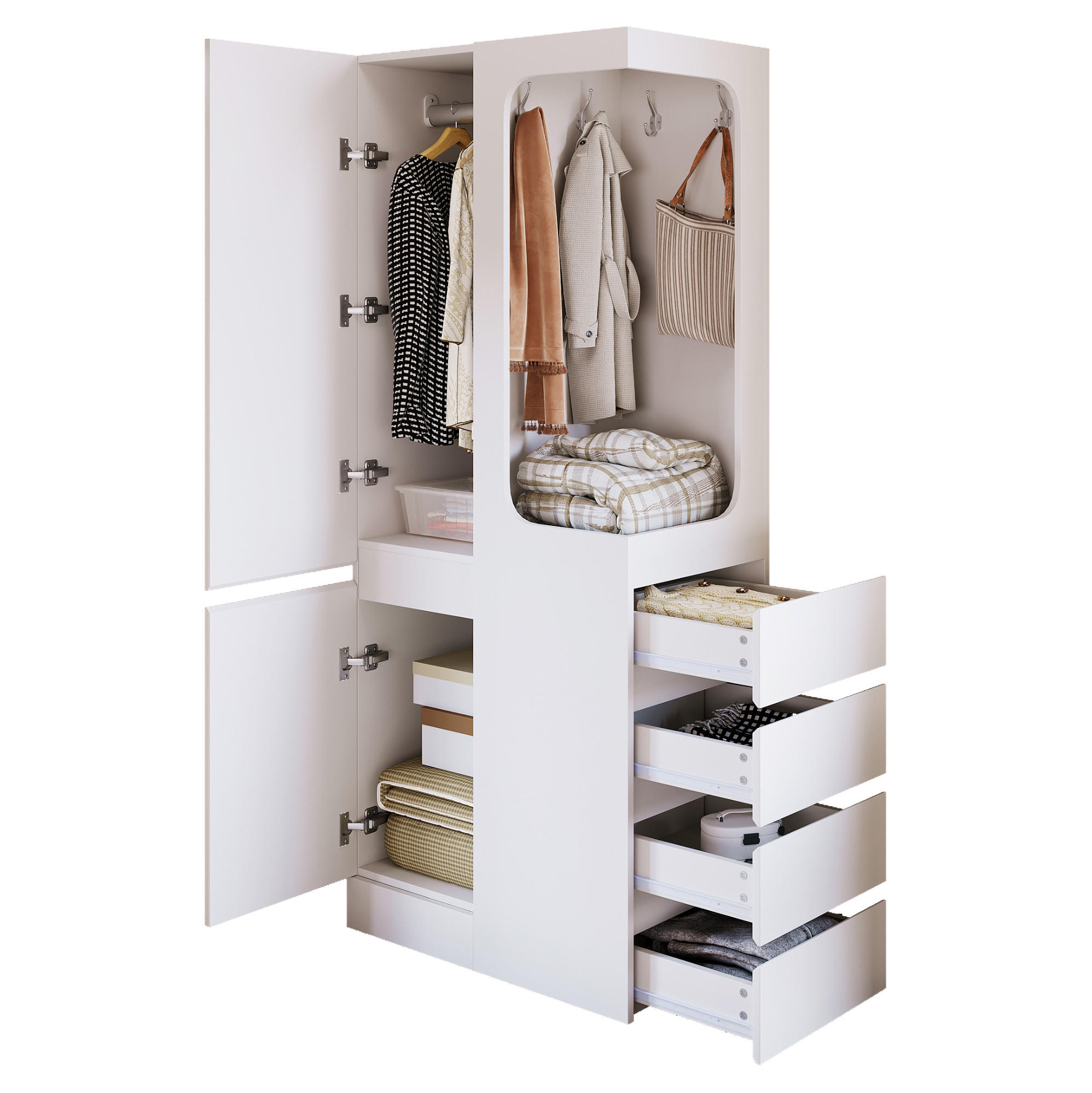 KLEIDERSCHRANK 70/40/170 cm in Weiß mit Schubladen und offenem Hängebereich - Weiß, Holz (70/170/40cm) - BEAOK