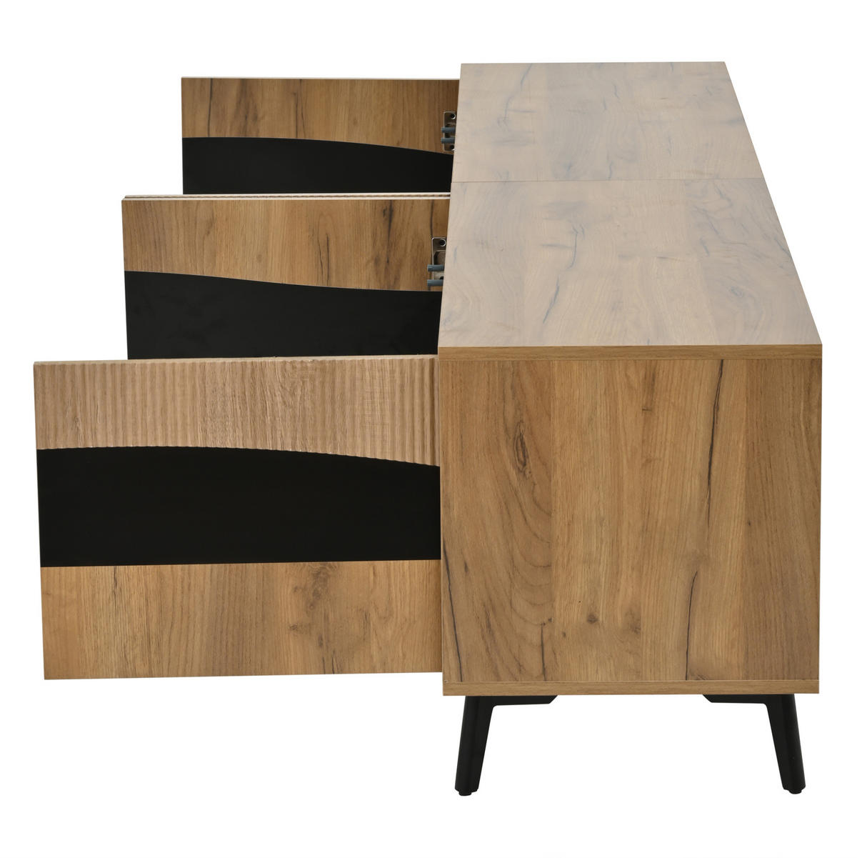 TV STOLEK v přírodní a černé barvě se 4 skříňkami, do obývacího pokoje, 180 × 40 × 50 cm - přírodní/černá, kompozitní dřevo (180/50/40cm) - STILVORA