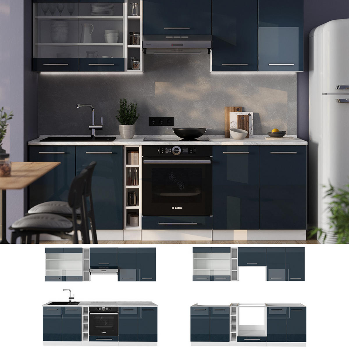 KÜCHENZEILE Fame-Line Dunkelblau Hochglanz/Weiß 235 cm, AP Eiche - Dunkelblau/Weiß, Holzwerkstoff (235/81.6/60cm) - Vicco