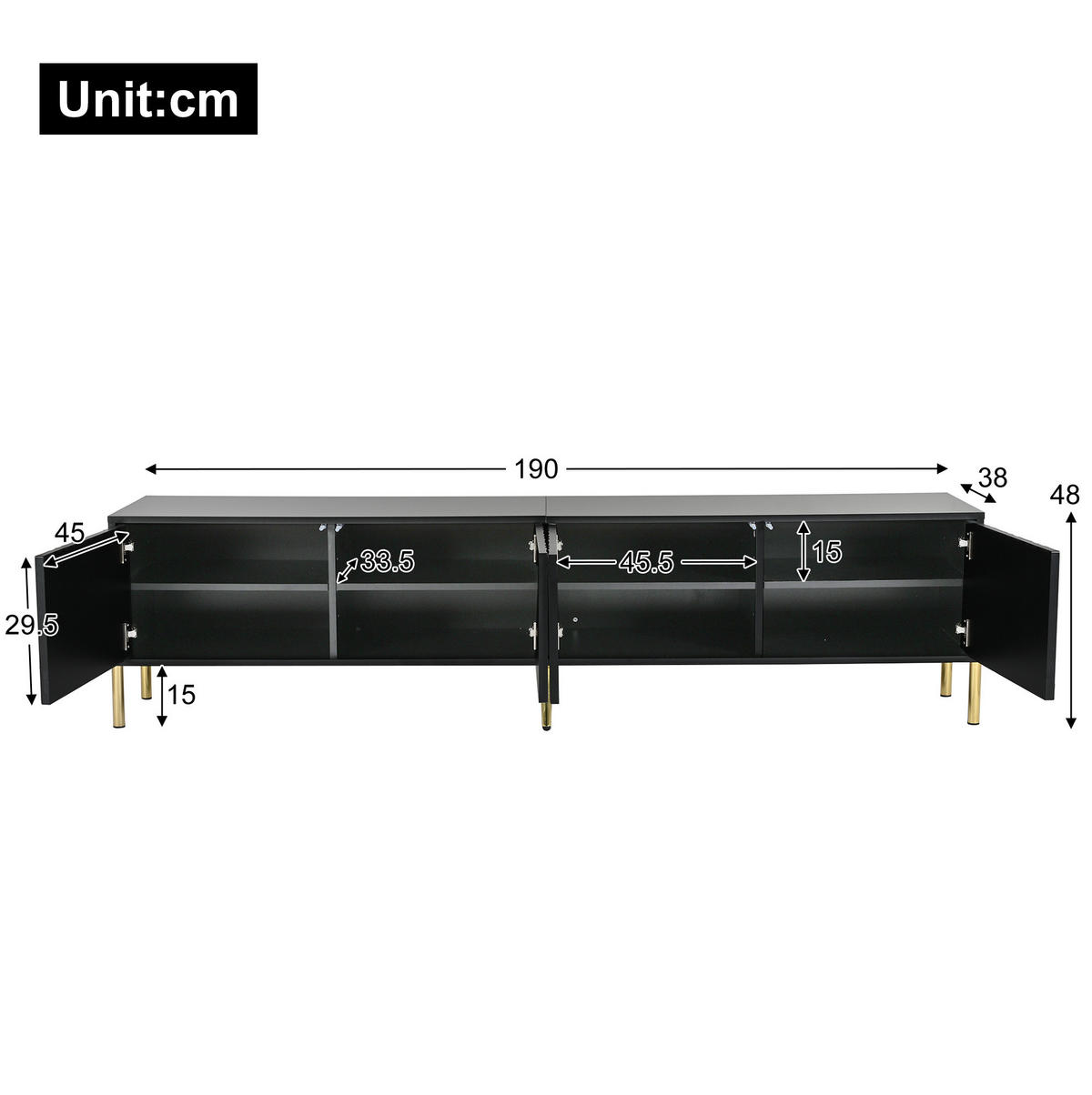 TV-SCHRANK 190/38/48 cm schwarz aus MDF mit gerillten Türen - Schwarz, Holzwerkstoff (190/48/38cm) - OKWISH