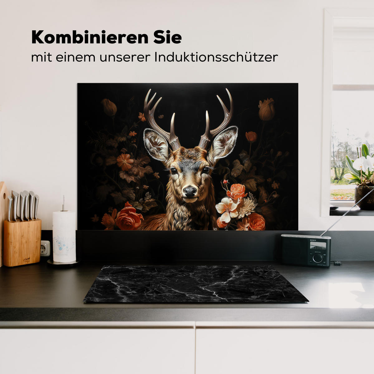 SPRITZSCHUTZ KÜCHE Hirsch - Tier - Blumen - Natur - Botanisch 80x55 cm - Kupferfarben, Metall (80/0.3/55cm) - MuchoWow