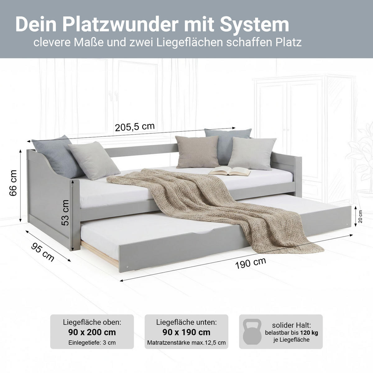 AUSZIEHBETT mit Matratze 90/200 cm Grau - Grau, Holz (90/200cm) - Homestyle4u