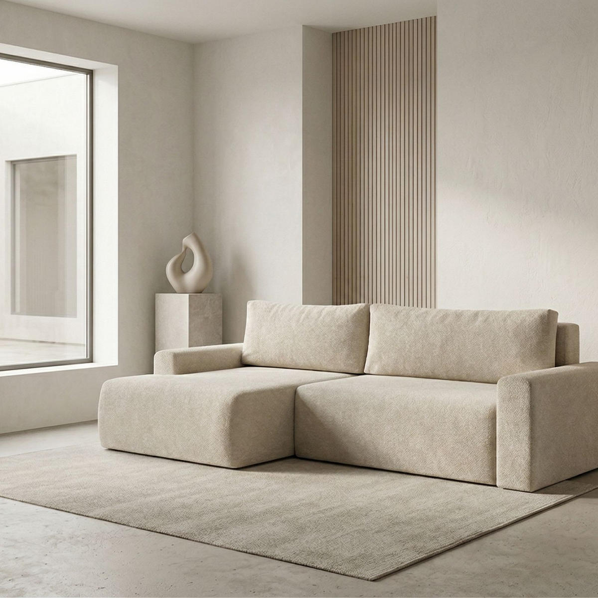 ECKSOFA MILO LARGE mit Schlaffunktion, Bettkasten und Cordbezug, Links - VIBE 08 - Beige, Holz (270/142cm) - Dekori_Interiors
