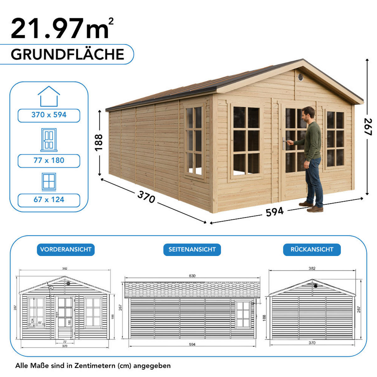 GARTENHAUS HOLZ M737 370 x 600 cm - Naturfarben, Holz (382/267/630cm) - Timbela