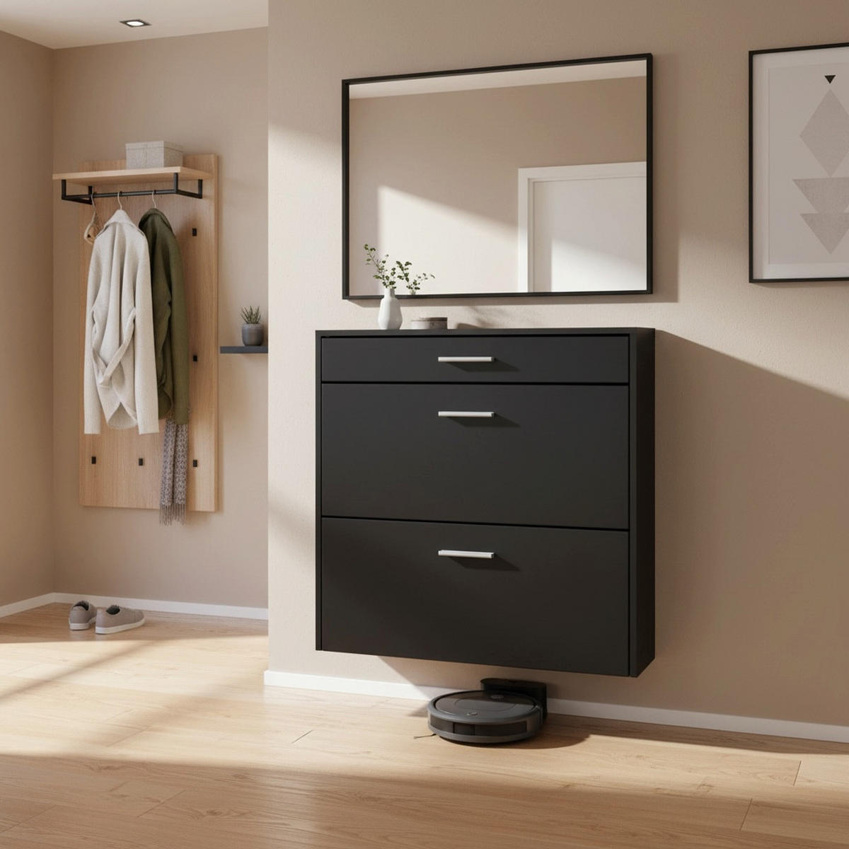 HÄNGENDER-SCHUHSCHRANK Roma Air Schmal mit 2 Klappen und 1 Schublade, Platzsparender Schuhkipper, Schwarz matt (89 x 87 x 23 cm) - Schwarz, Holzwerkstoff (89/87/23cm) - InnoFurn