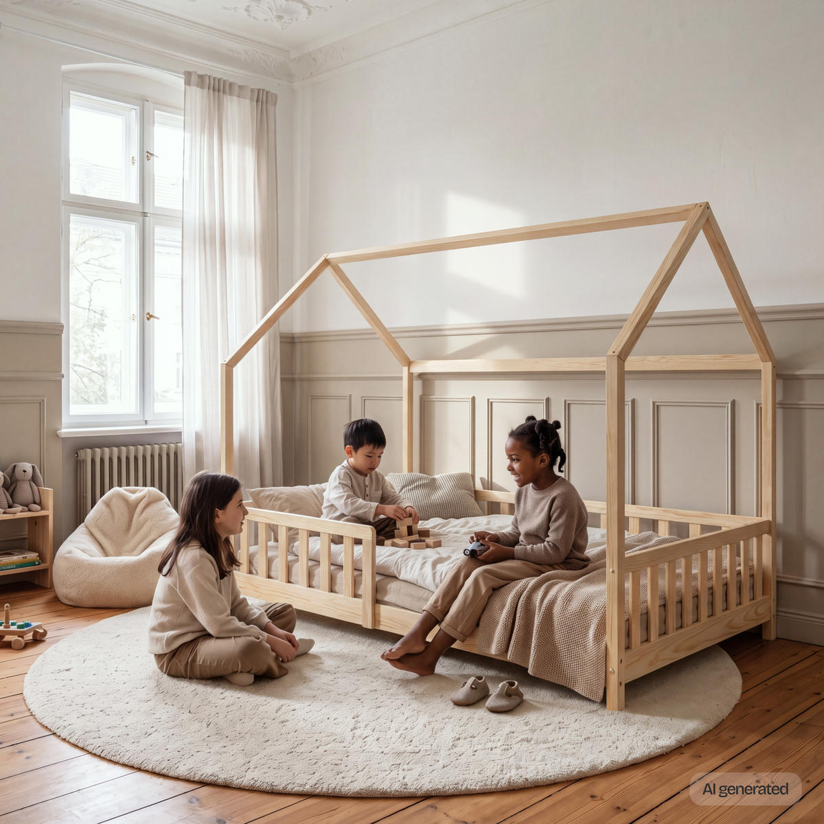 HAUSBETT Hesel mit Matratze - Naturfarben, Holz/Textil (140/200cm) - [en.casa]