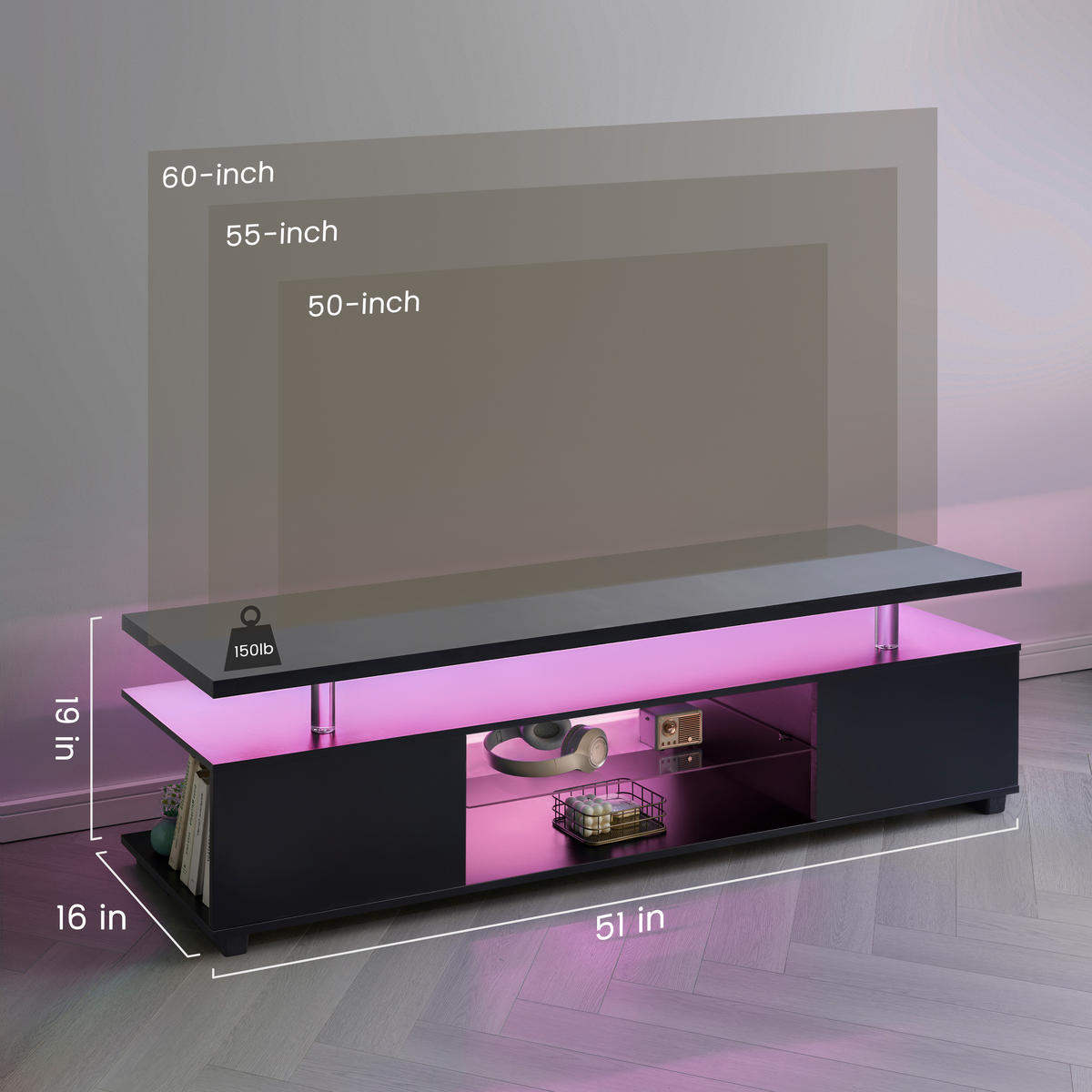 TV-ELEMENT 130/40/48 cm Schwarz mit LED-Licht - Schwarz, Holz (130/48/40cm) - Oxeza