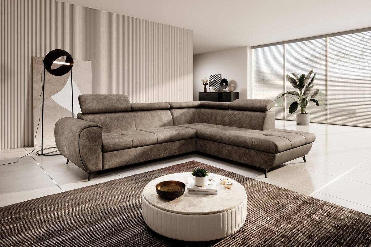 ECKSOFA MAGIA R-S Braun Plüsch-Stoff mit Schlaffunktion - Braun, Holz (260/217cm) - MASSENO