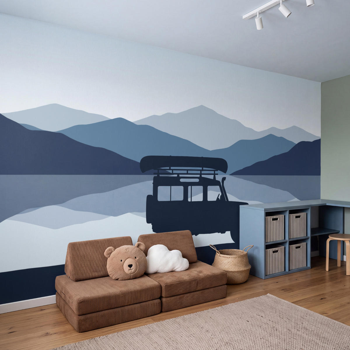 KINDERTAPETE - Auto - See - Berge - Blau - 400x200 cm - Blaugrau, Papier (400/200cm) - OnlyWow