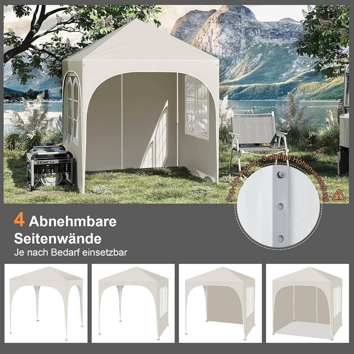 PAVILLON 2x2m mit 4 abnehmbaren Wänden, 3-stufig Höhenverstellbar - Beige, Metall (200/240/200cm) - Woltu