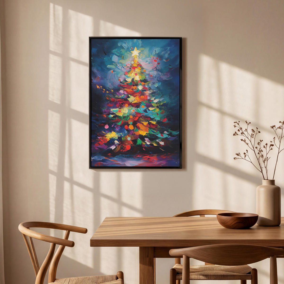 LEINWAND Bilder mit Rahmen - Weihnachtsbaum - Weihnachten - Abstrakt - Farbenfroh - 60x90 - Multicolor, Textil (60/90cm) - MuchoWow