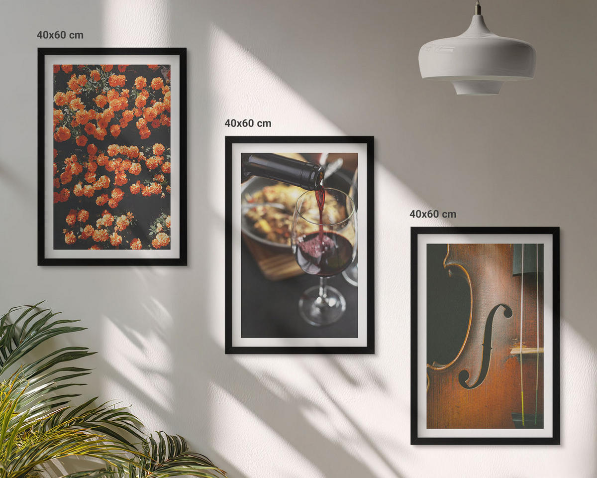 BILDER SET 3er Set - 40x60 cm Schwarzer Rahmen - Vintage Blumen Wein Geige - Schwarz, Kunststoff (40/60cm) - TULUP