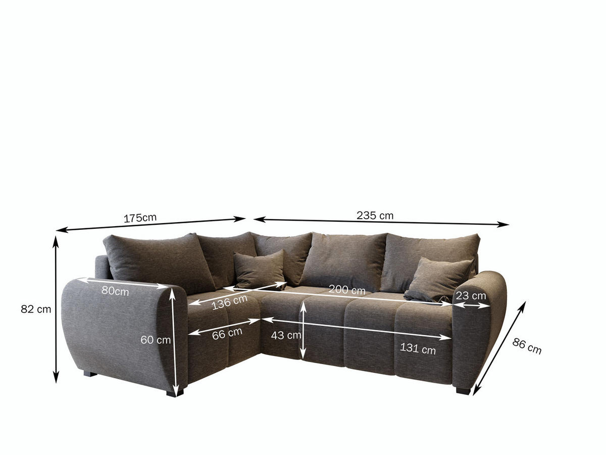 ECKSOFA MADISON L L-S Grau Dünner Stoff mit Schlaffunktion - Grau, Holz (235/175cm) - MASSENO