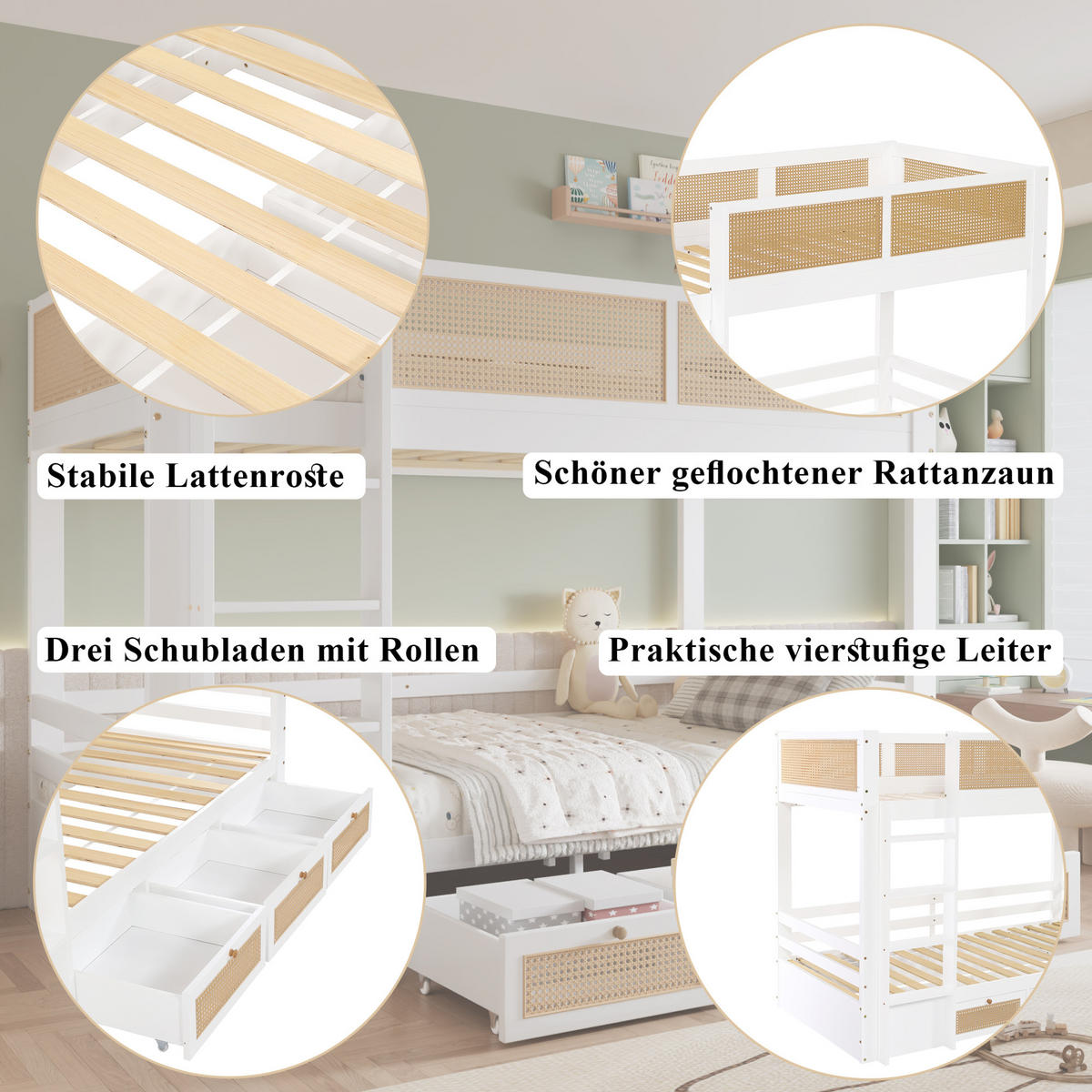 ETAGENBETT Weiß/Natur 90/200 cm mit Schubladen und Leiter - Weiß, Holz (90/200cm) - MIVRAY