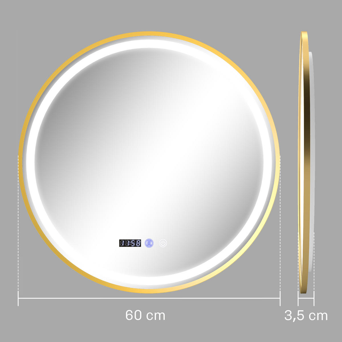 ROUNDER Badspiegel mit Beleuchtung 60 cm LED Spiegel mit Touchschalter Gold - Goldfarben, Glas (3.5/60/60cm) - HOMCOM