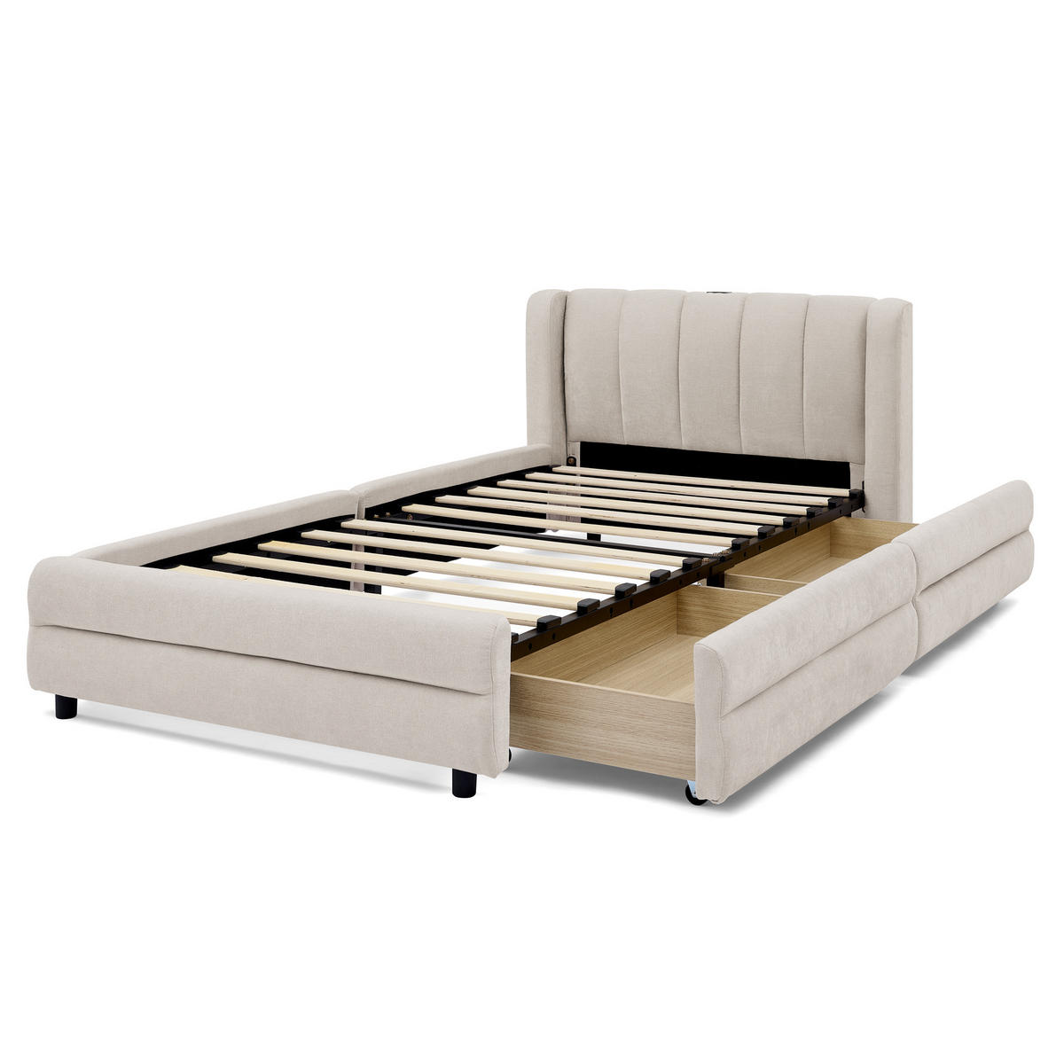 BETT mit Schubladen und USB 90x200 cm Chenille Beige - Beige, Holz (90/200cm) - Meubliv