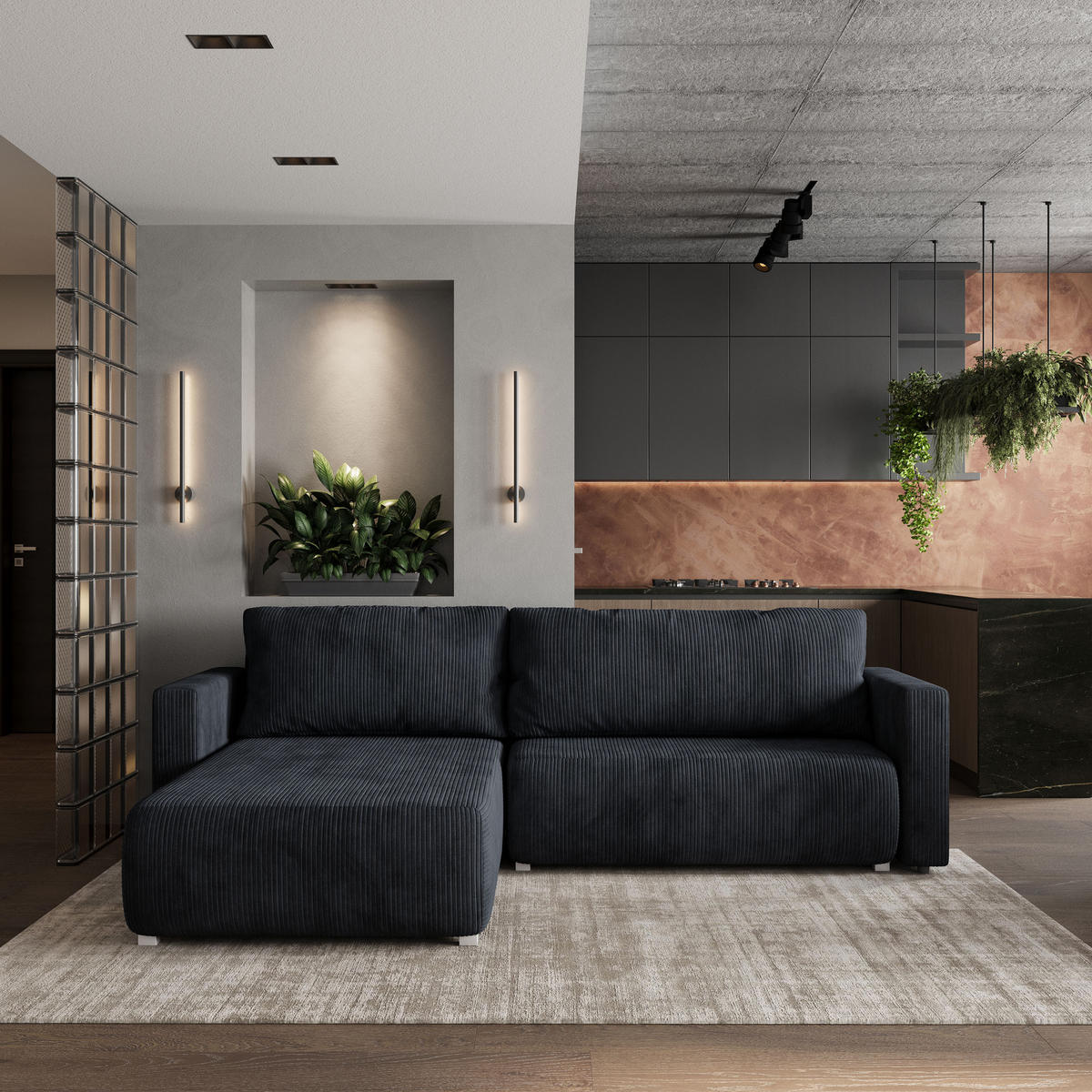 ECKSOFA TURIN P Schwarz Kordstoff mit Schlaffunktion - Schwarz, Holz (265/183cm) - MASSENO