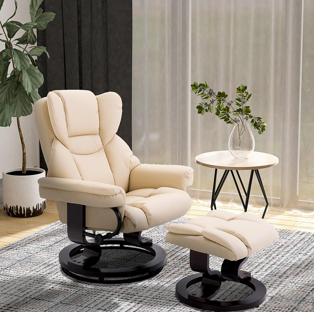 RELAXSESSEL 79/100/80 cm Creme aus Holz mit Hocker und Liegefunktion - Creme, Holz (79/100/80cm) - OKMYHOME