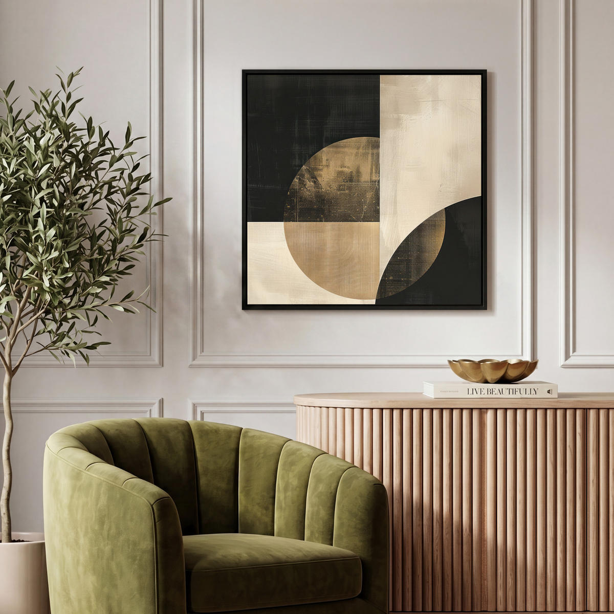 LEINWAND Bilder mit Rahmen - Abstrakt - Geometrische Formen - Schwarz - Gold - 50x50 - Ecru, Textil (50/50cm) - MuchoWow