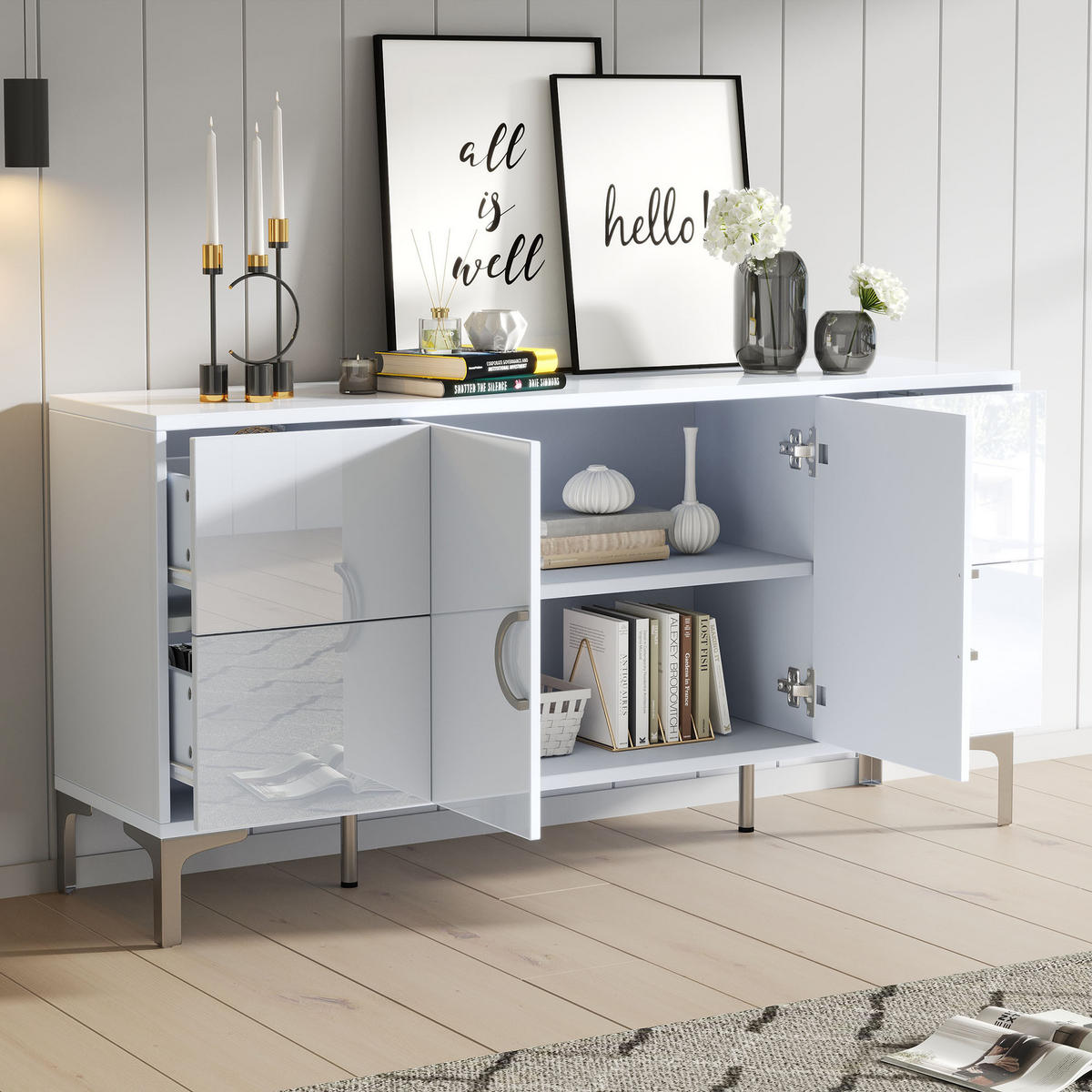 SIDEBOARD Weiß MDF 4 Schubladen 2 Türen 150x38x59.5cm Hochglanz - Weiß, Holzwerkstoff (38/59.5/150cm) - FLIEKS