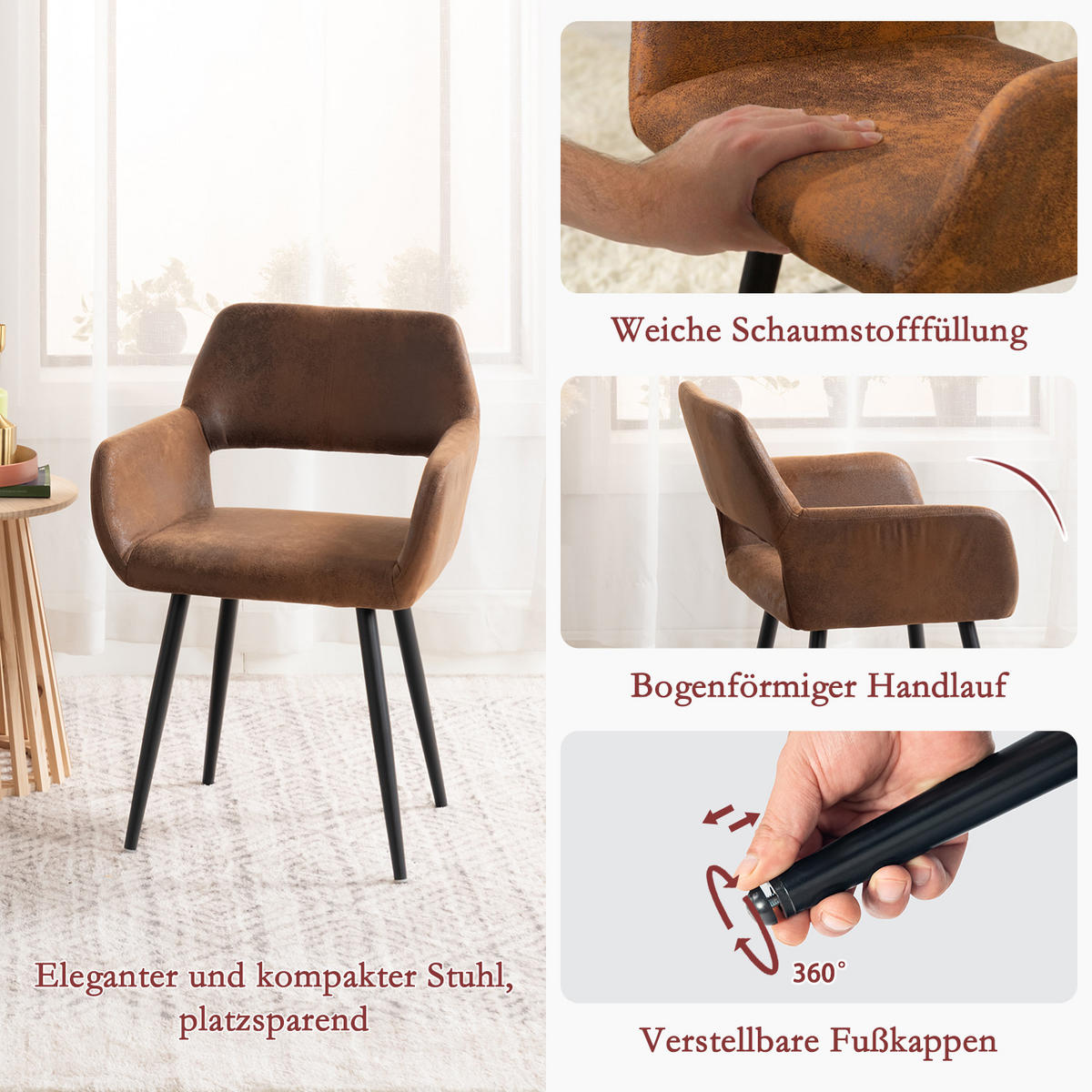 ESSZIMMERSTÜHLE 6er-Set, Vintage-Sessel, gepolstert, Sitzfläche in Wildlederoptik - Braun, Textil/Metall (56/78/56cm) - Meubles Cosy