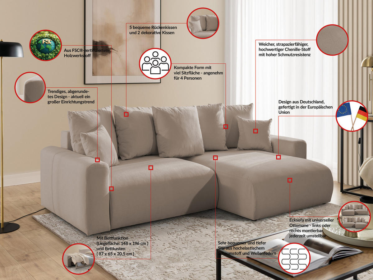ECKSOFA Calma mit Schlaffunktion und Bettkasten im Bumpy-Design aus weichem Greige Webstoff - Ottomane rechts - Greige/Schwarz, Holz/Kunststoff (140/239cm) - S-Style