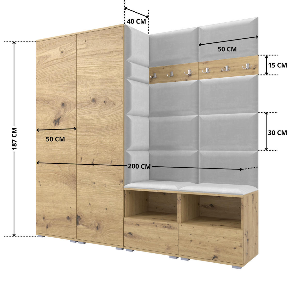 GARDEROBE NELA VI 200 cm (Kompaktgarderobe Artisan Eiche mit Sitzpolster Hellgrau 32 Schrank & Paneel) - Silberfarben/Hellgrau, Holz/Holzwerkstoff (200/187/40cm) - Ravio