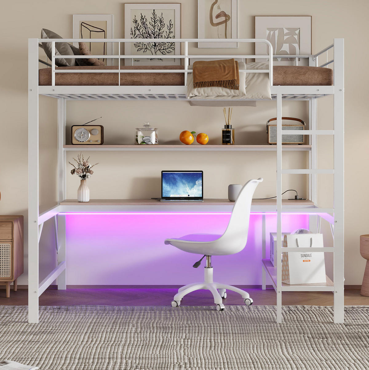 HOCHBETT 140/200 cm aus Metall mit Schreibtisch, Regal und LED-Beleuchtung Weiß - Weiß, Metall (140/200cm) - Modenvie