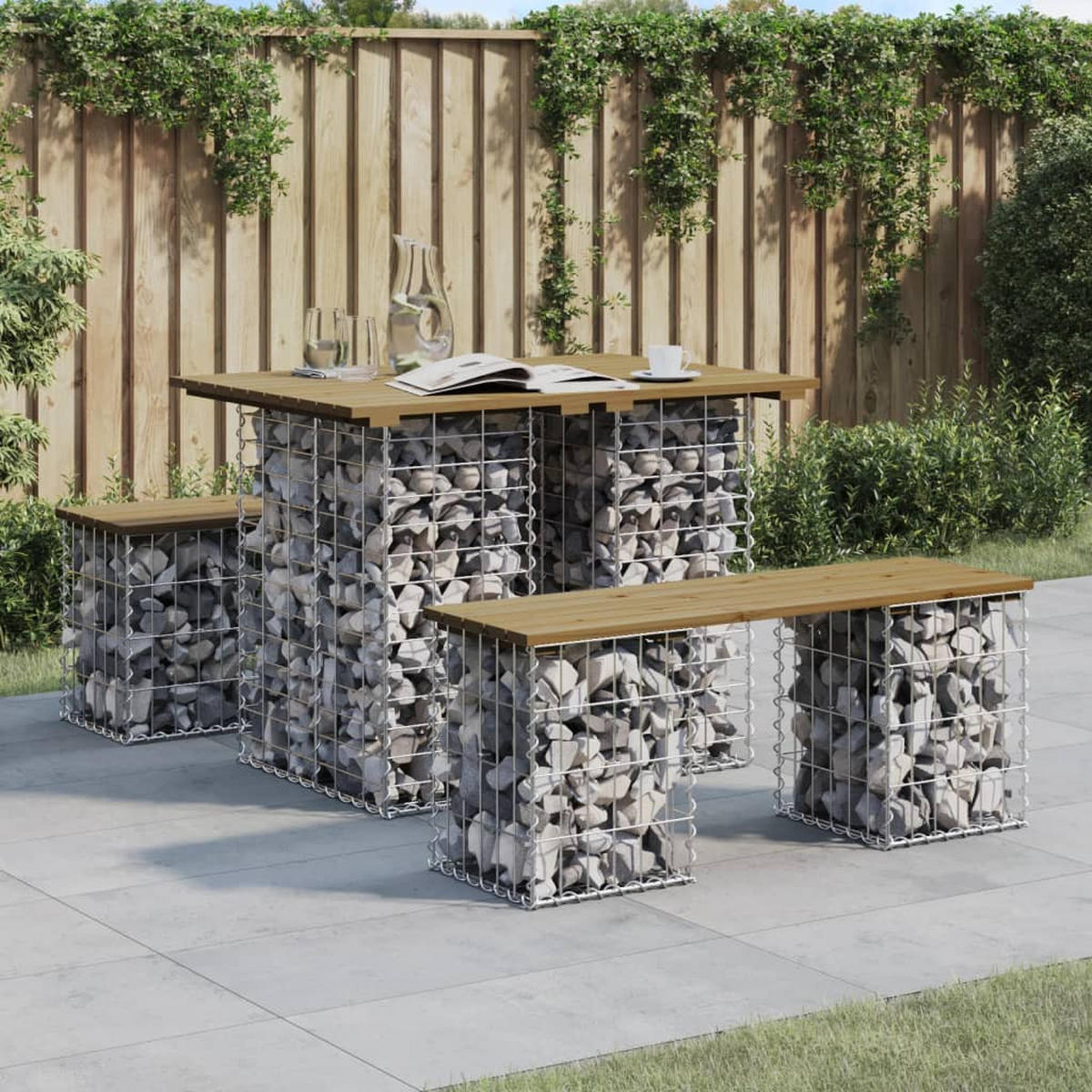 GARTENBANK Gabionen TELLE 100x70x72 cm Kiefernholz Braun, 30 cm Gabionenbreite - Silberfarben, Metall (100/72/70cm) - DELUKE