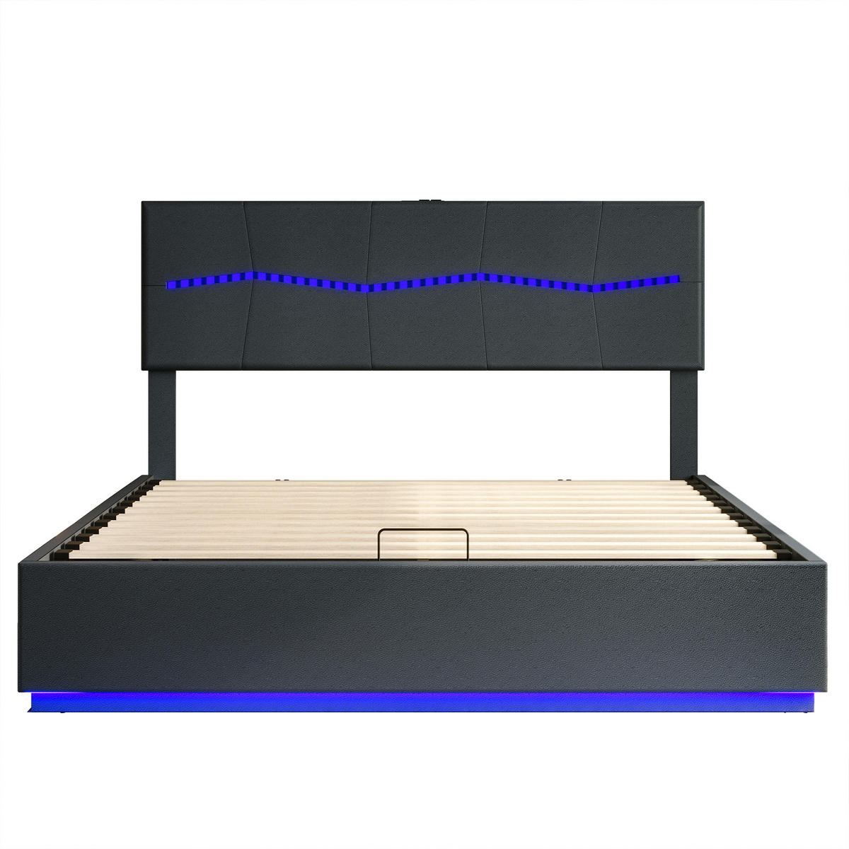 POLSTERBETT 180x200 cm, Schwarz, mit LED & USB-Typ-C-Ladeanschluss - Schwarz, Textil/Metall (180/200cm)