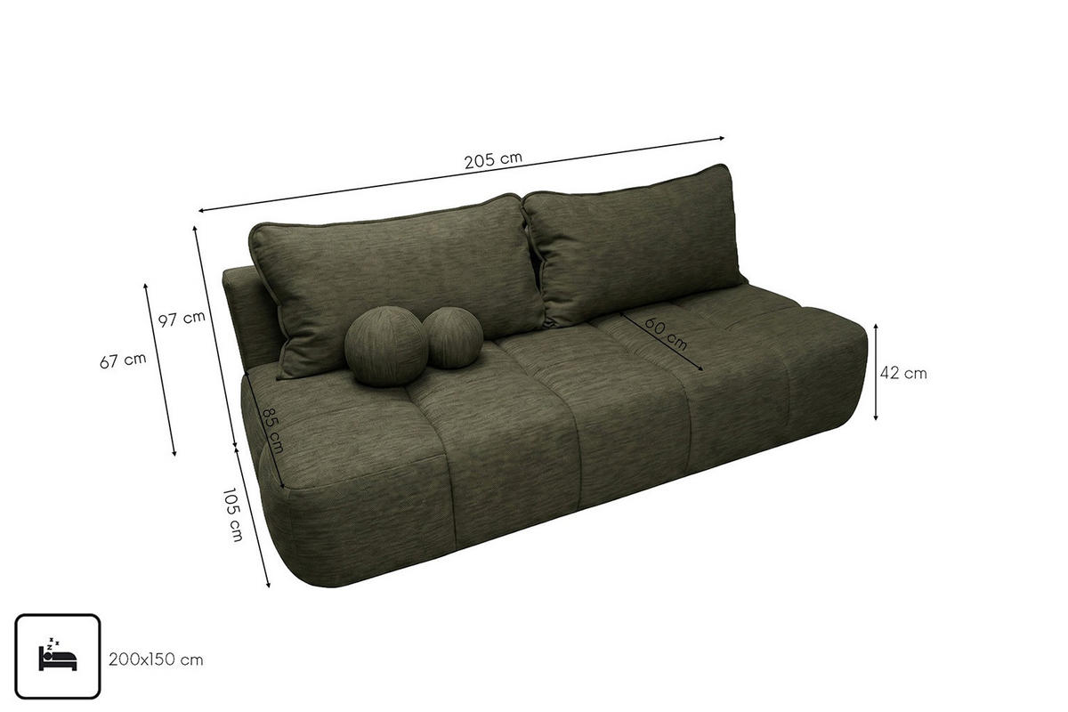POHOVKA S funkcí spaní A úložným prostorem, strukturovaná látka Verita, Olivová, COCO - olivově zelená, dřevo (205/97/105cm) - Kaiser Möbel