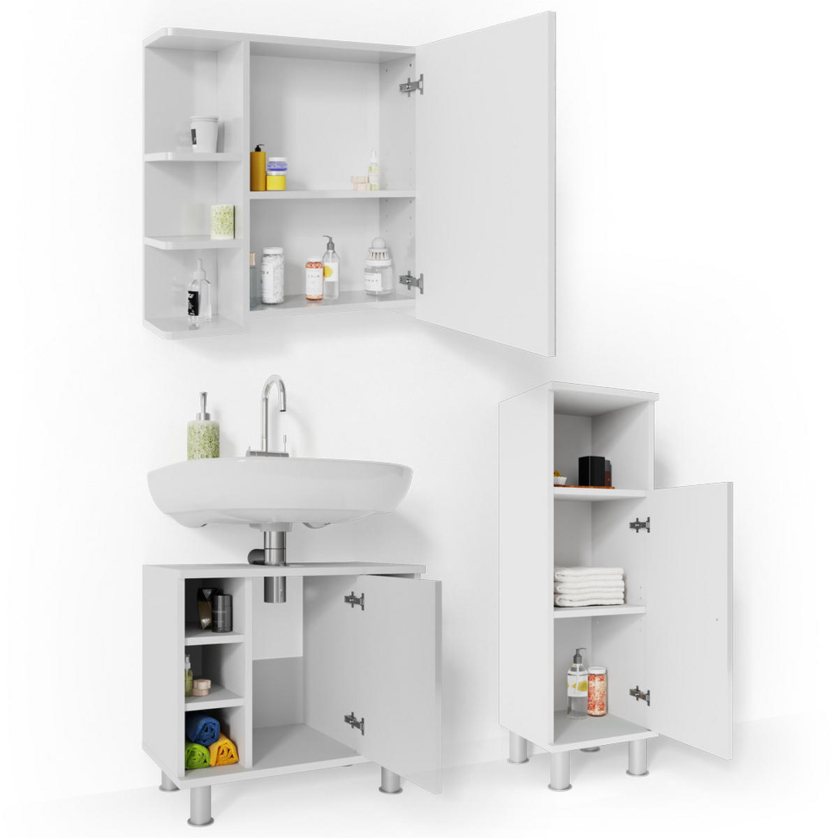 BADMÖBEL-SET Fynn Weiß Hochglanz 3 Teile, mit Midischrank - Weiß Hochglanz/Weiß, Holzwerkstoff (60/54/32cm) - Vicco