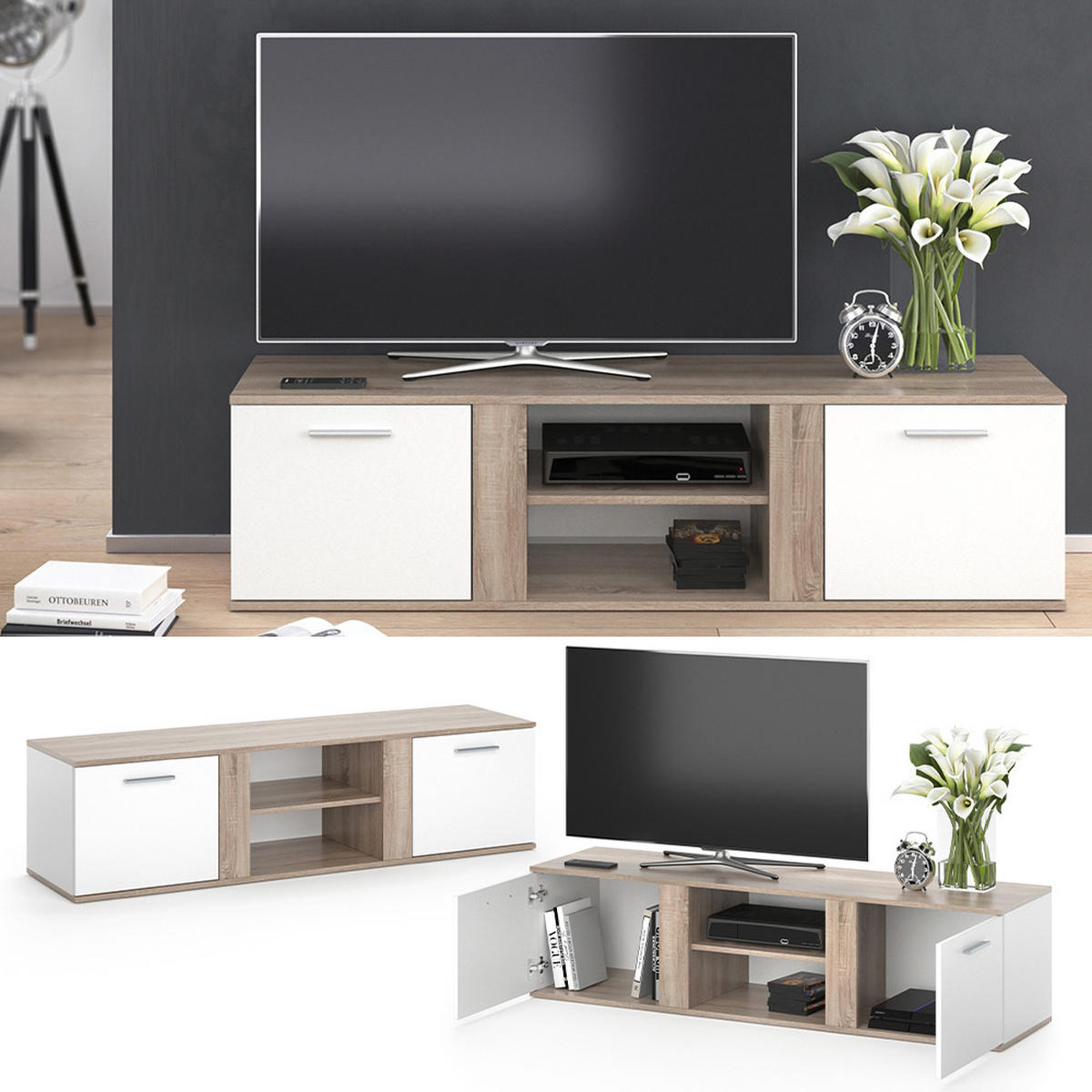 LOWBOARD Novelli Sonoma 155 x 41 cm - Weiß/Sonoma Eiche, Holzwerkstoff (155/41/40cm) - Vicco