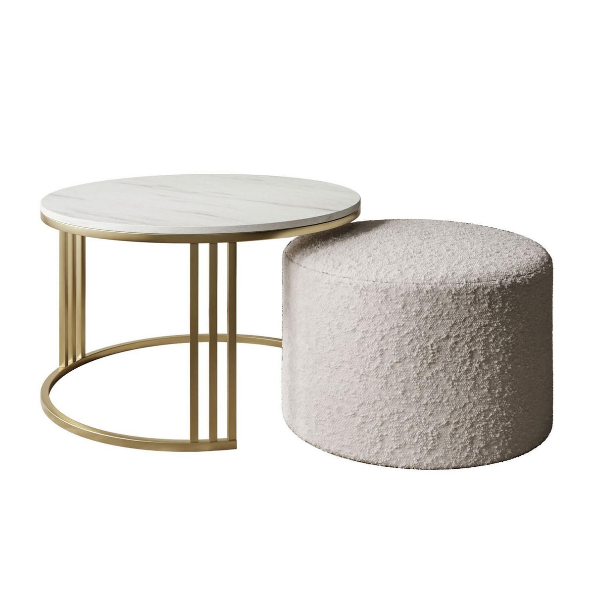 COUCHTISCH mit Hocker LORI MAT gebürstetes Gold/Marmor Levanto/Coral 65 - Weiß, Metall (70/70/49cm) - Lookway