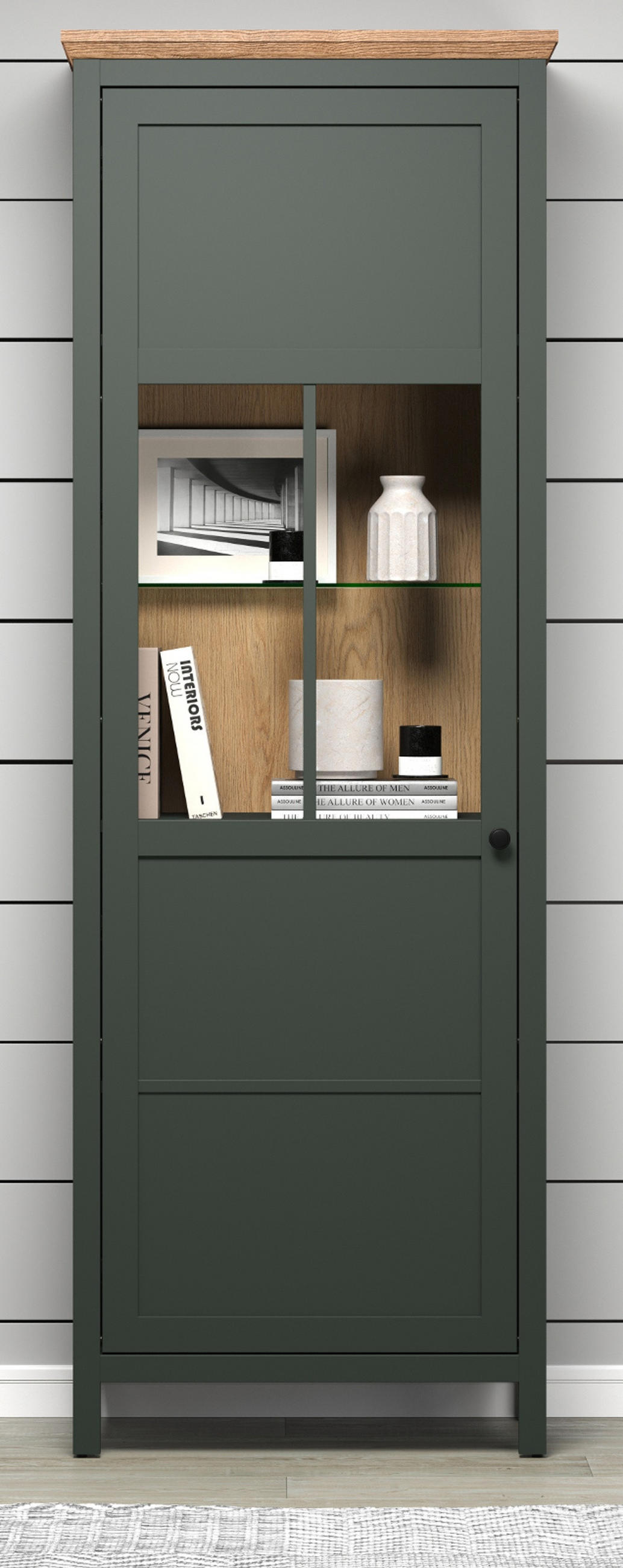 VITRINE grün, Evoke Eiche Landhaus 69 x 198 cm, Vitrinenschrank inklusive LED Beleuchtung - Eichefarben/Schwarz, Glas/Holzwerkstoff (69/198/39cm) - Top.Furn