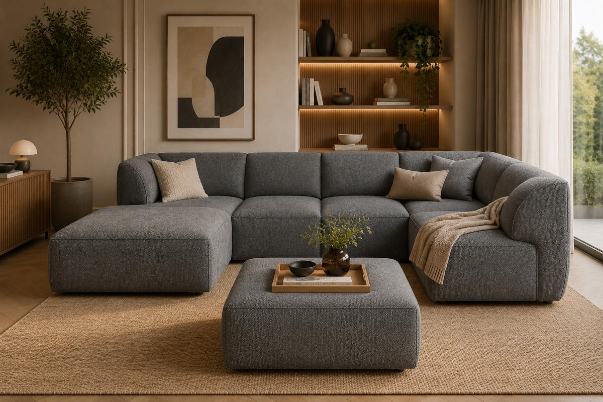 WOHNLANDSCHAFT MOVO - modulares Ecksofa grau – modernes Design und flexible Gestaltung, links - Dunkelgrün/Bordeaux, Kunststoff/Textil (156/78/345cm) - KS Home Concept
