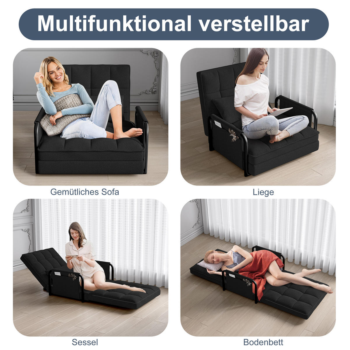 SCHLAFSOFA 5-fach verstellbar, Multifunktional, Schwarz Bouclé-Stoff - Schwarz, Holz (78/55/180cm)