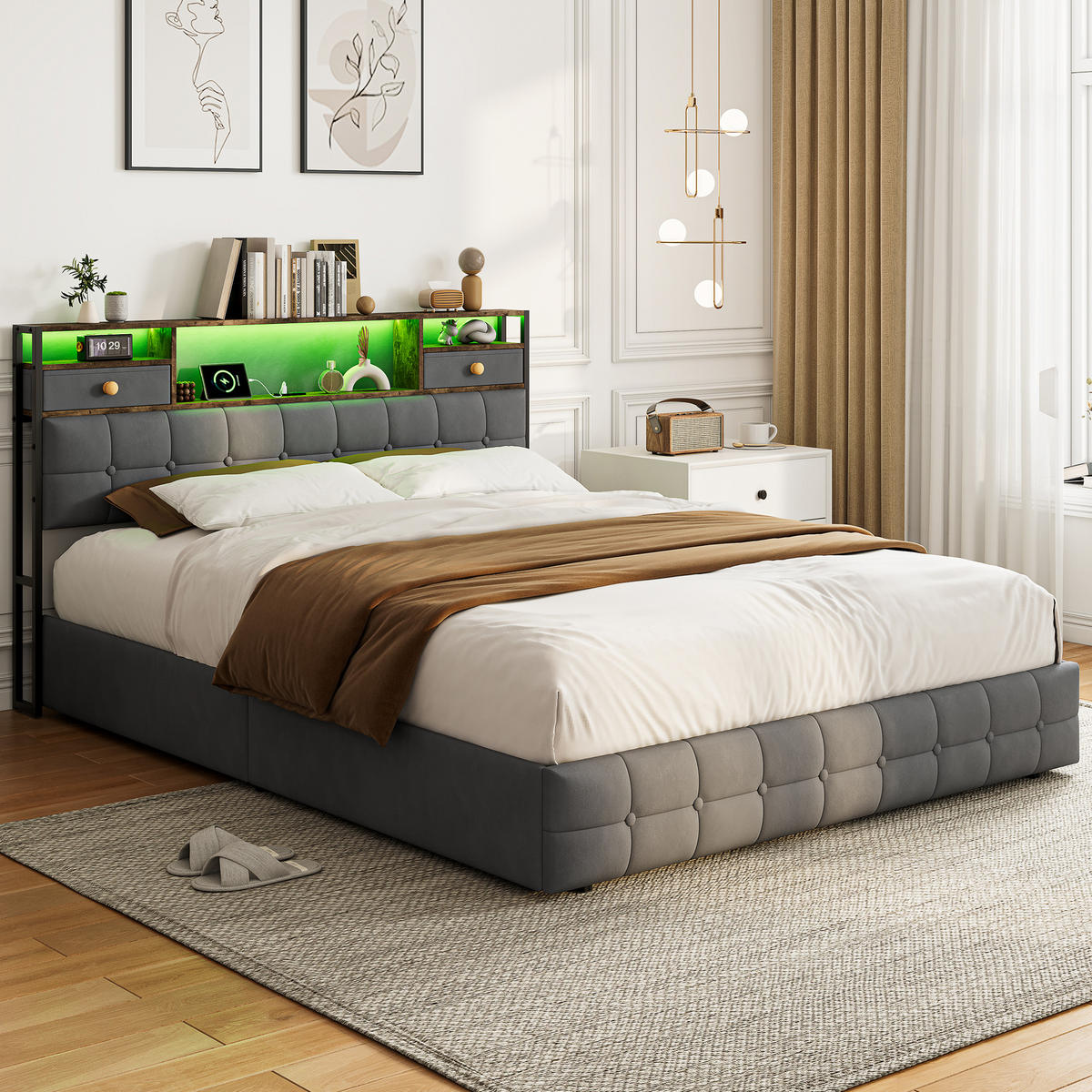 POLSTERBETT 160x200cm grau LED - Grau, Holz - SHOPENTRA