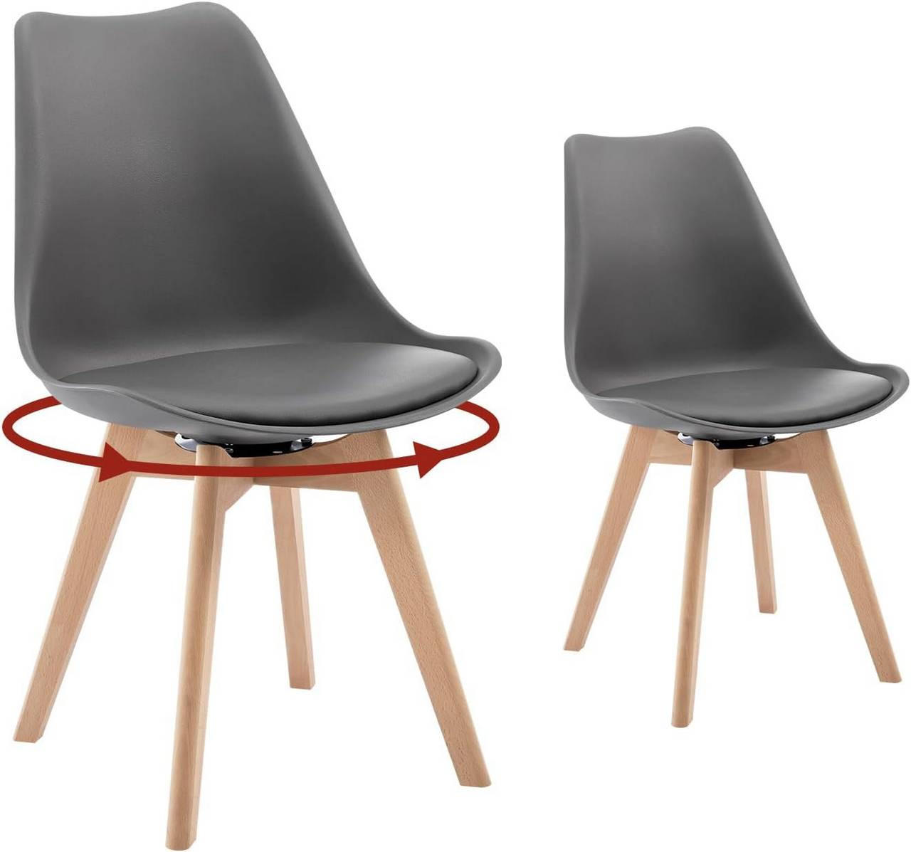 STUHL 2er Set, drehbar, Kunstleder, Massivholz, Grau - Buchefarben/Grau, Holz/Kunststoff (48/83/58.5cm) - Woltu