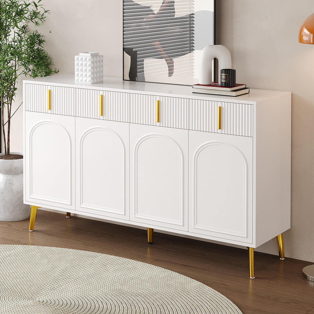 SIDEBOARD aus weißem MDF mit Melamin, 4 Türen und 4 Schubladen, goldene Griffe und Beine, 140/38/82 cm, Weiß - Weiß, Holzwerkstoff (140/82/38cm) - Redom