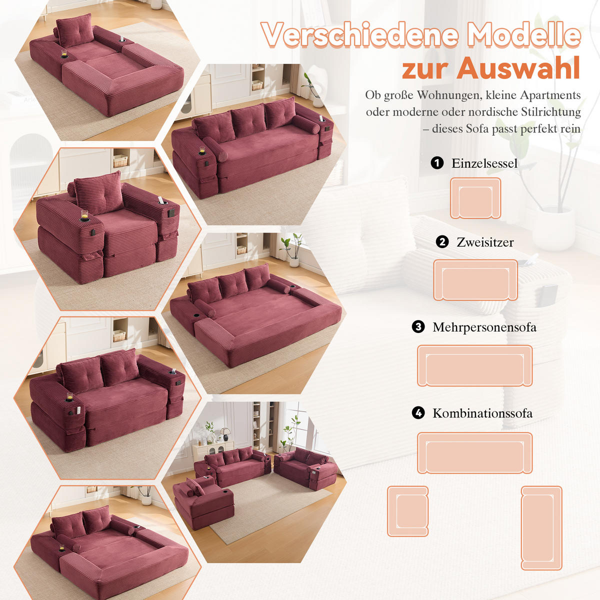 SCHLAFSOFA mit Cordbezug, Federkern, Getränkehalter und Seitentasche - Weinrot, Textil (122/80/98cm) - EVRYAE