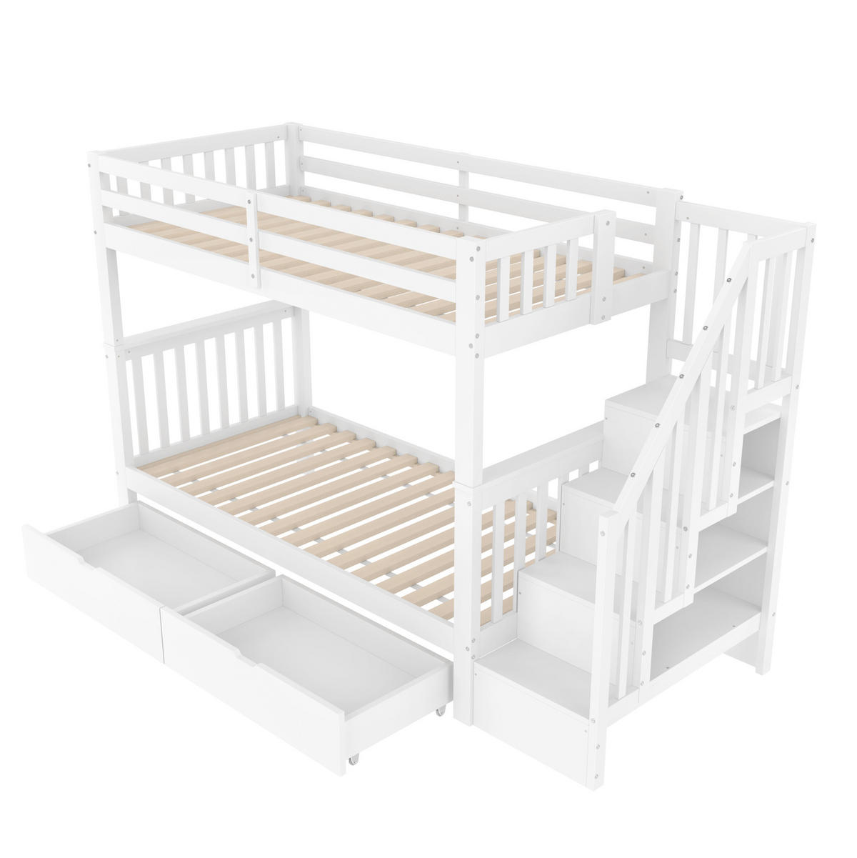 ETAGENBETT 90/200 cm Weiß mit Treppenregal und 2 Schubladen - Weiß, Holz (90/200cm) - Flora Grace