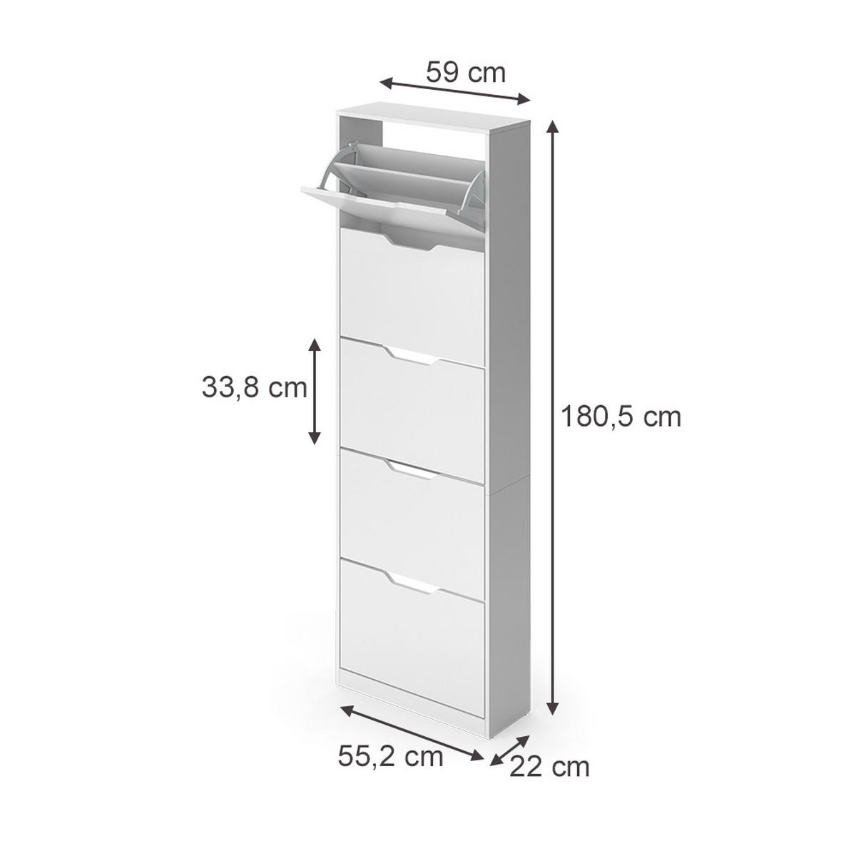 SCHUHKIPPER Luca, Weiß, 59 x 180.5 cm mit 5 Kippfächern - Weiß, Holzwerkstoff (59/180.5/22cm) - Vicco